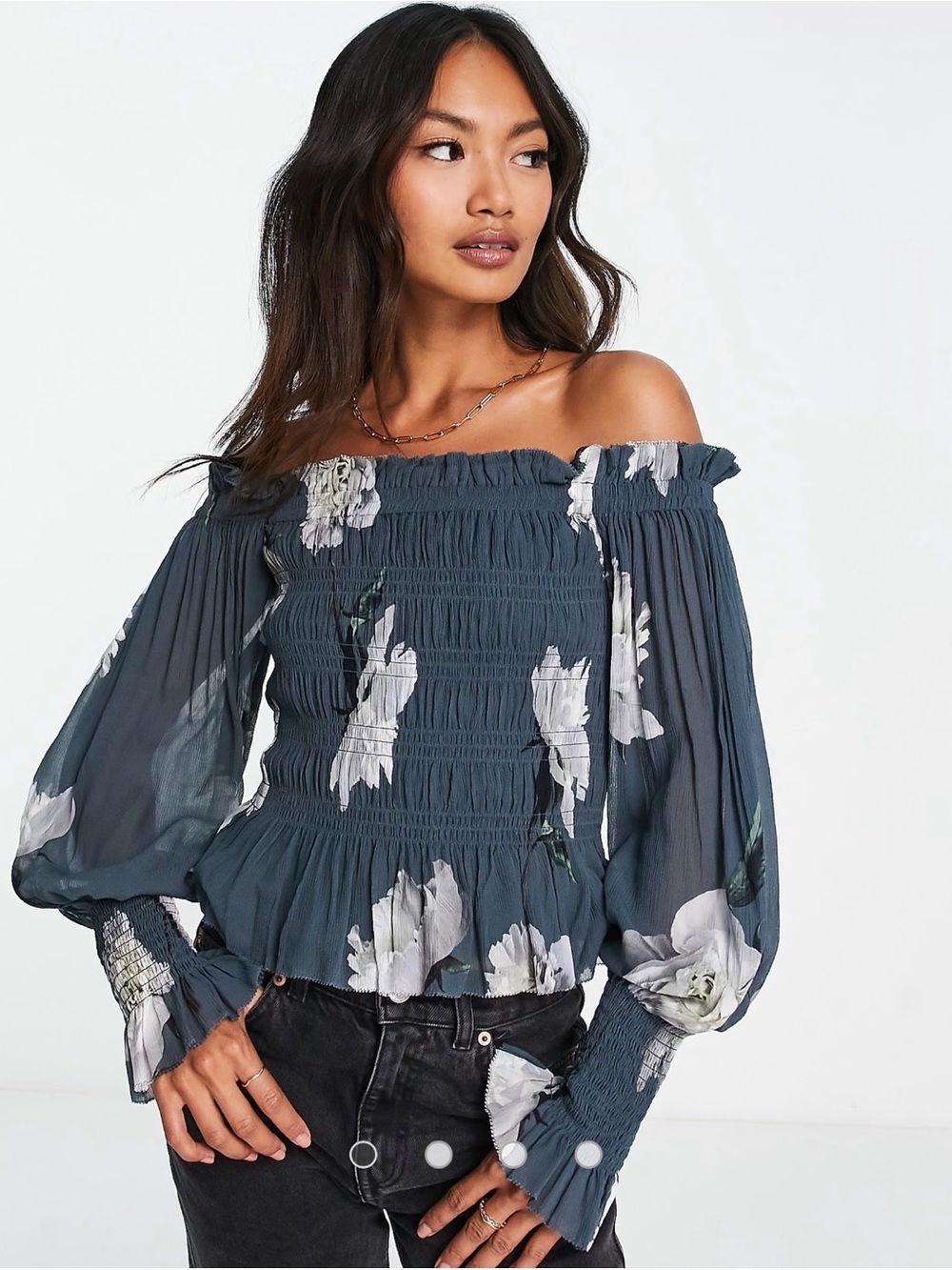 AllSaints Lara Cordelia Off-Shoulder Blouse in Smoke Grey **NEVER WORN**